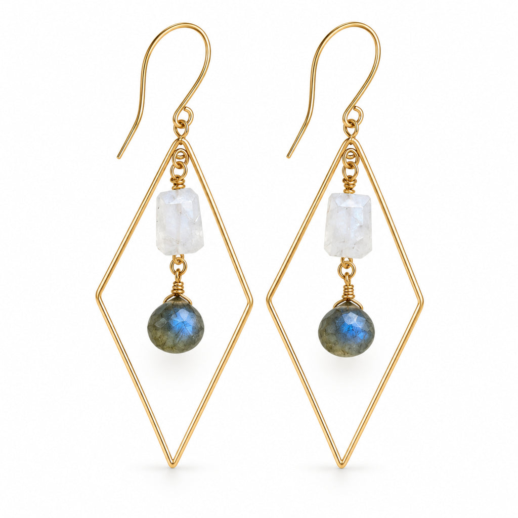 Woman wearing labradorite and rainbow moonstone gold-filled kite dangle earrings