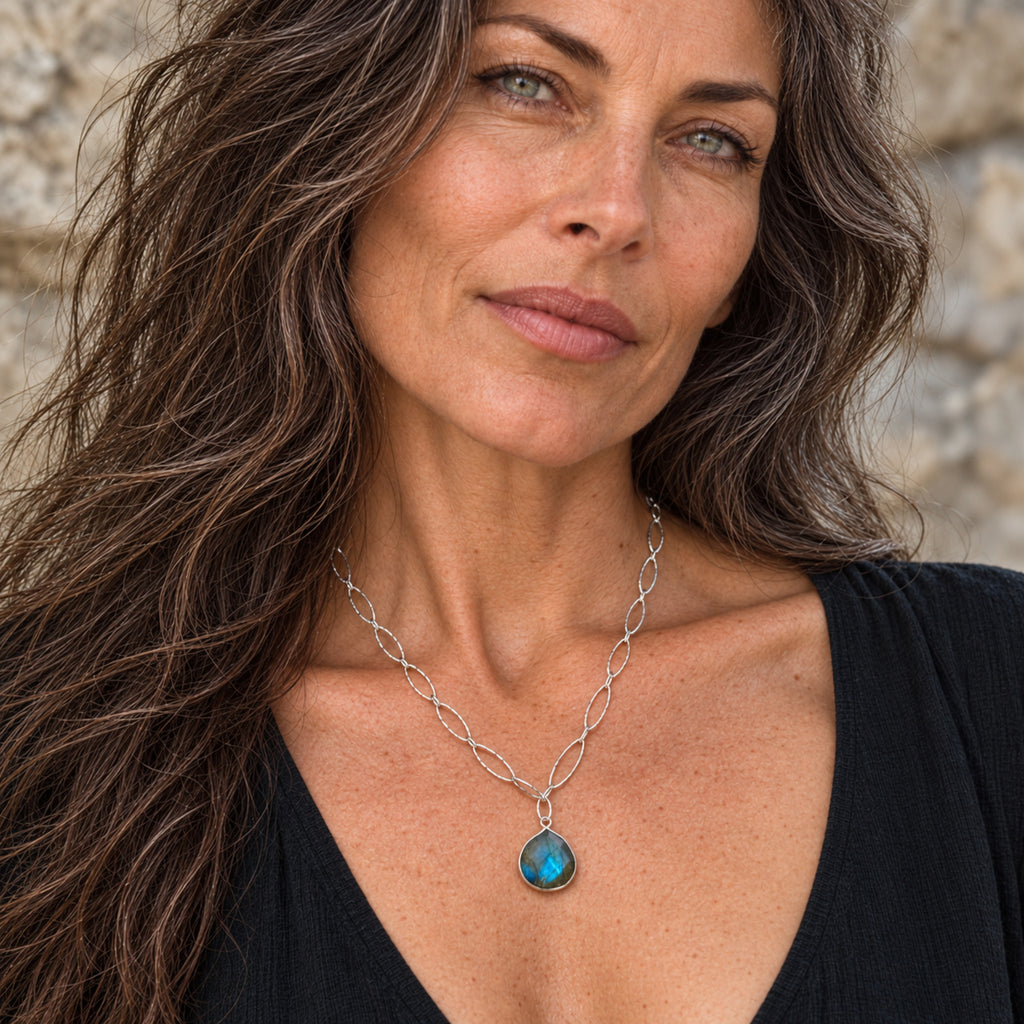 Labradorite pear pendant necklace on sterling silver marquise chain, front product view