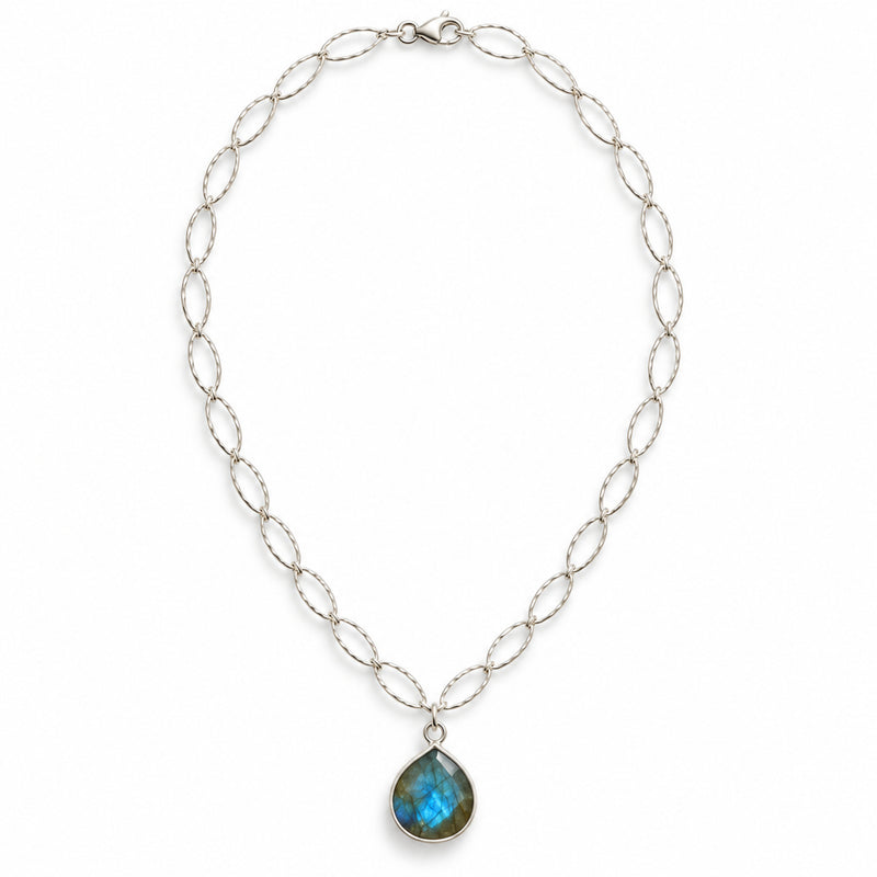 Labradorite pear pendant necklace on sterling silver marquise chain, front product view