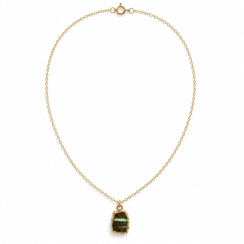 Labradorite slice pendant on a gold-filled chain necklace, white background, front view.