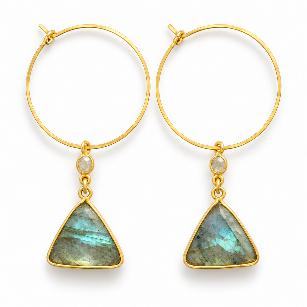 Woman wearing labradorite triangle gold-filled dangle hoop earrings with moonstone connector