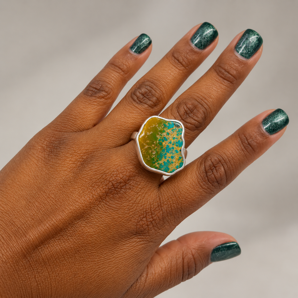 Freeform turquoise adjustable statement ring in sterling silver, front product view