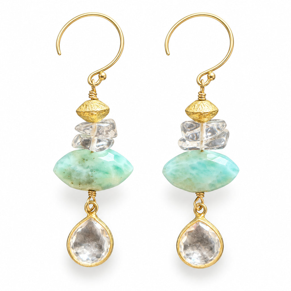 Woman wearing larimar marquise drop gold-filled earrings