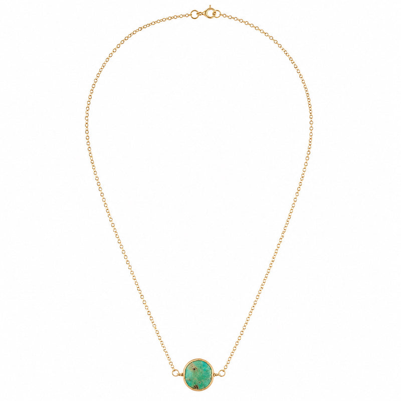 Full view of a natural green turquoise circle necklace with gold-filled chain and lobster clasp