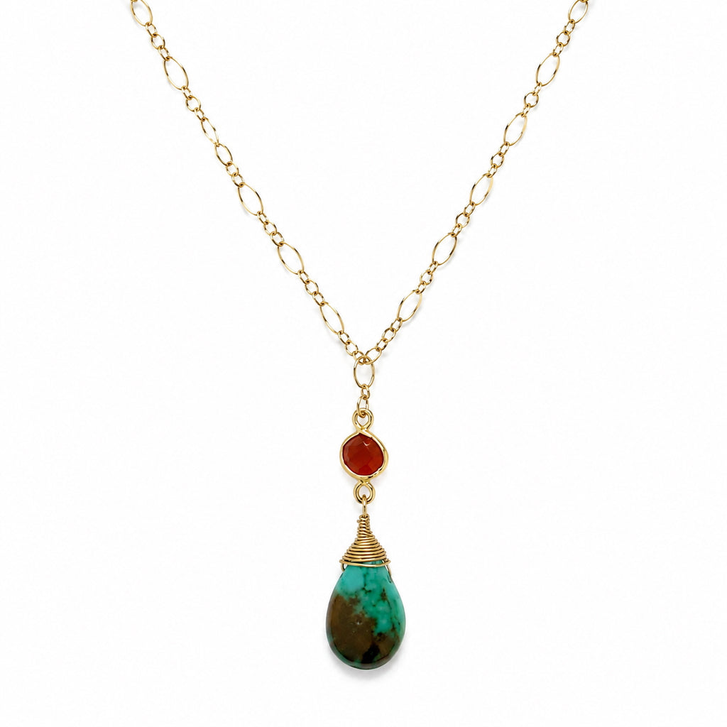 Model wearing a natural green turquoise and carnelian Y necklace on a gold-filled chain