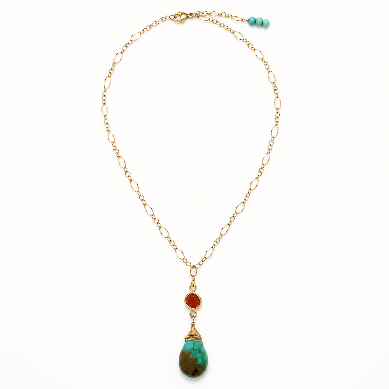 Full view of a 16-inch natural green turquoise and carnelian Y necklace with gold-filled chain
