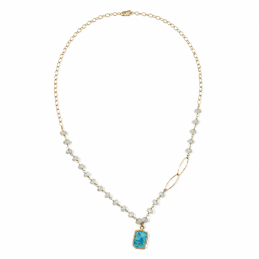 Full view of natural turquoise and rainbow moonstone necklace on an 18-inch gold-filled chain