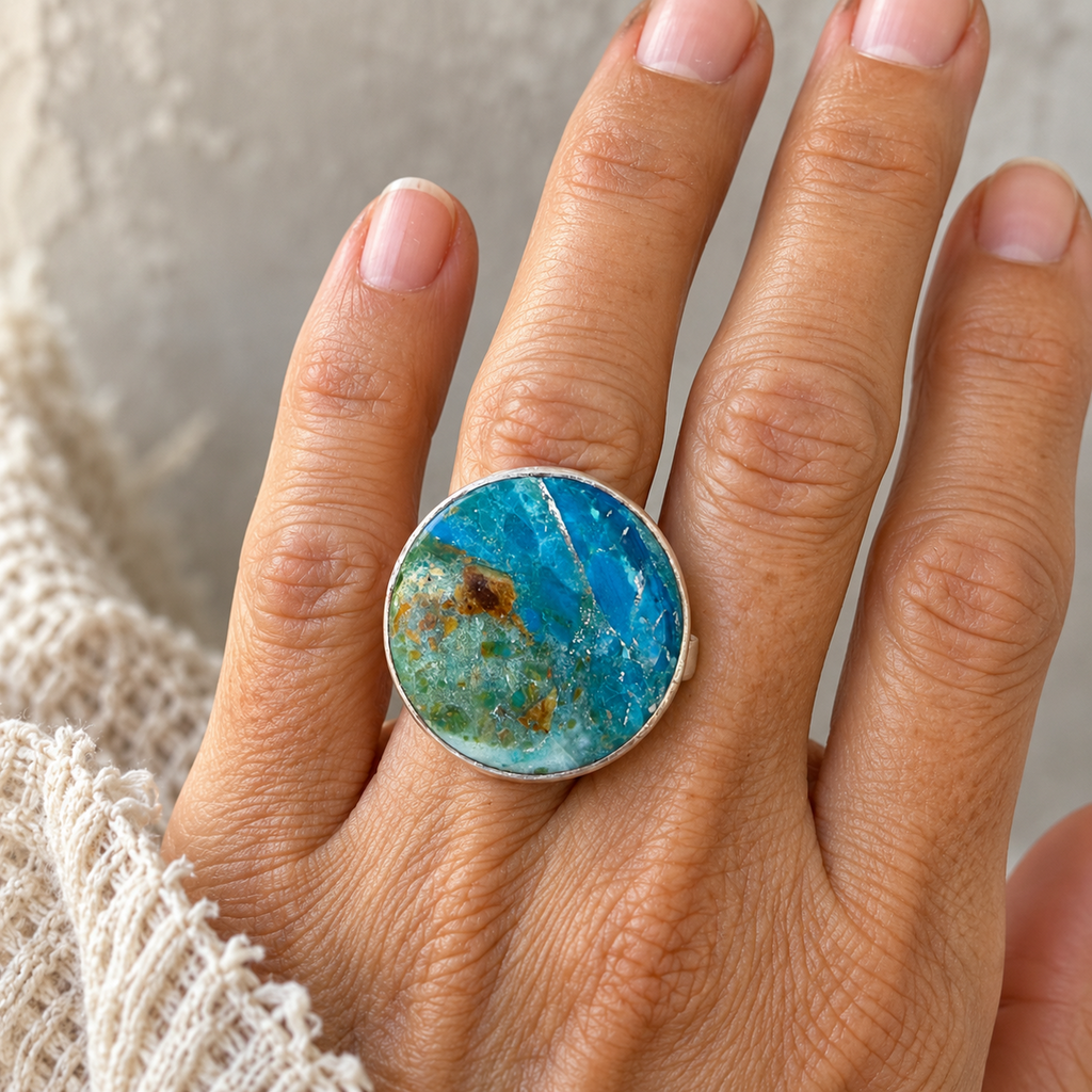 Round Peruvian opalina ring in electric blue and sea green, set in sterling silver, front product view.