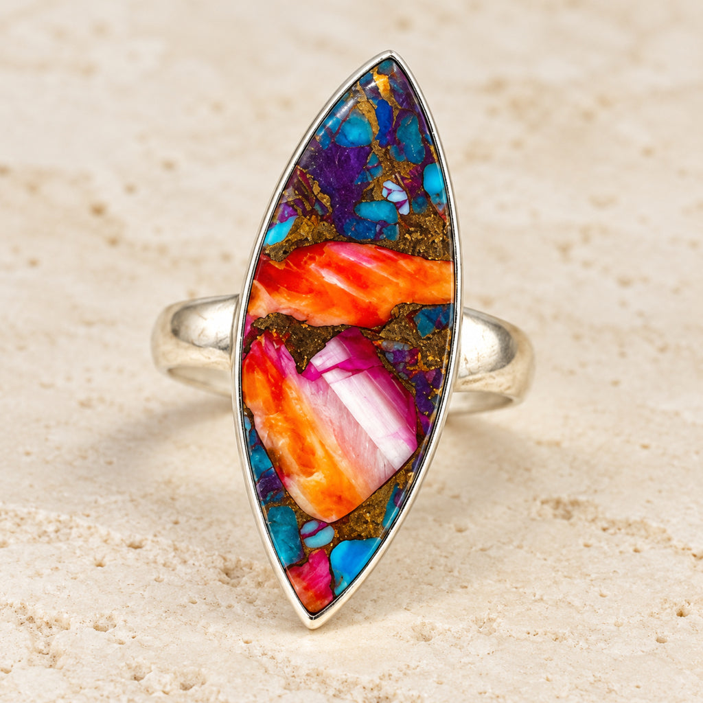 Pink oyster turquoise marquise ring in sterling silver, front product view