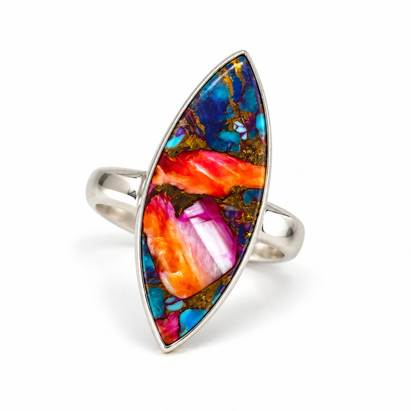 Pink oyster turquoise marquise ring in sterling silver, front product view