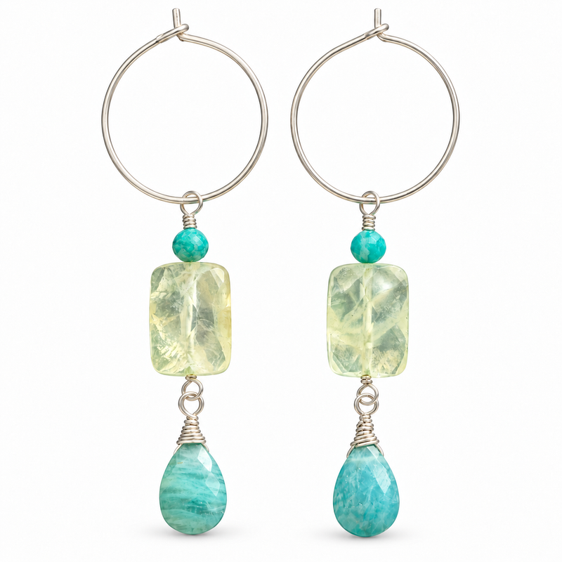 Sterling silver hoop earrings with amazonite, prehnite, and a grandidierite teardrop on a white background, front view.
