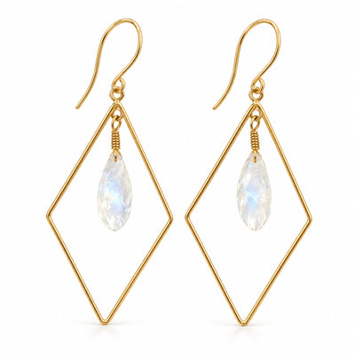 Rainbow moonstone diamond drop earrings on white background, full product view