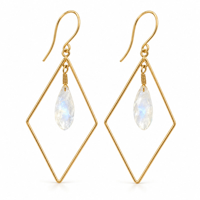 Rainbow moonstone diamond drop earrings on white background, full product view