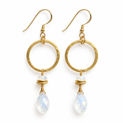 Rainbow moonstone drop and gold circle earrings on gold-filled hooks, front product view