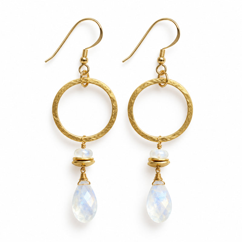 Rainbow moonstone drop and gold circle earrings on gold-filled hooks, front product view