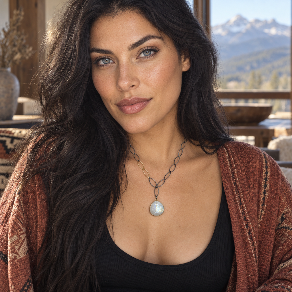Handmade rainbow moonstone necklace with gold-filled bezel and oxidized sterling silver links