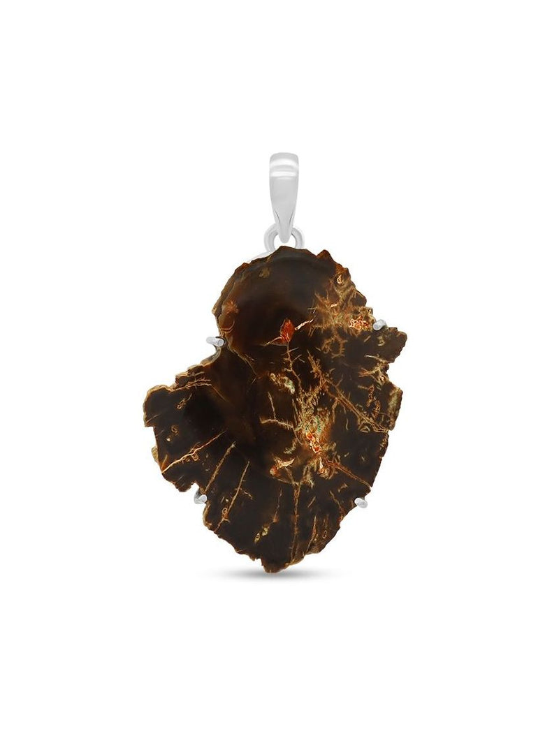 Dark Freeform Petrified Wood Pendant 925 Sterling Silver