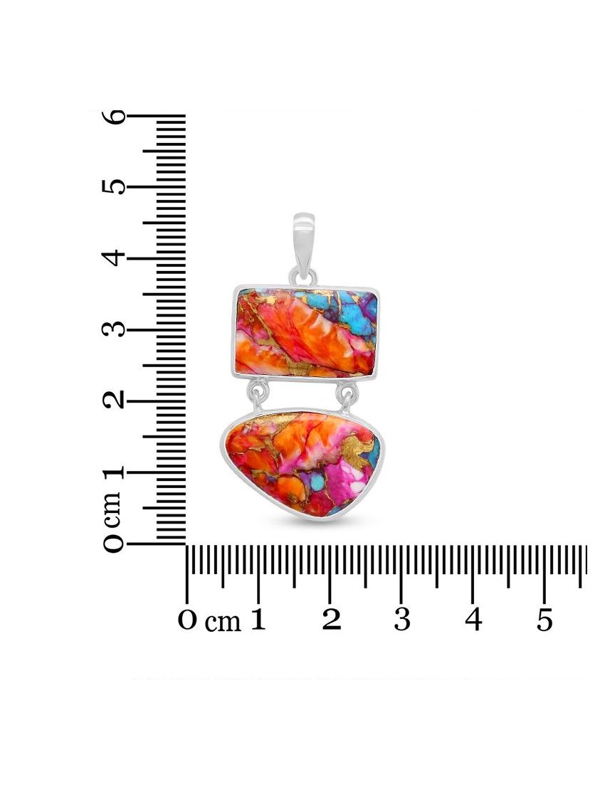 Pink Oyster Turquoise Rectangle Double Drop Pendant in 925 Sterling Silver 