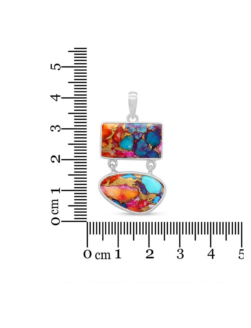 Pink Oyster Turquoise Rectangle Double Drop Pendant in 925 Sterling Silver - Handmade
