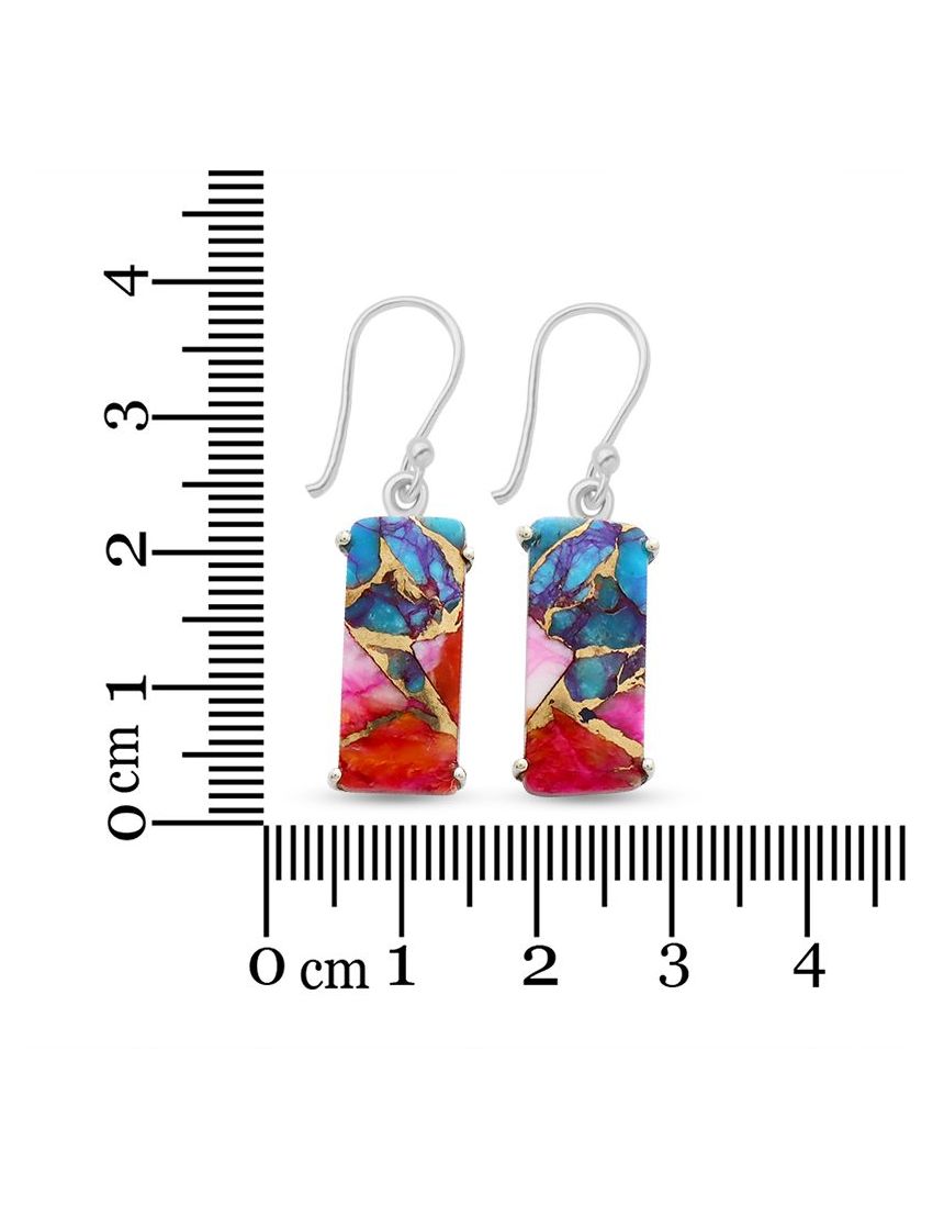 Pink Oyster Turquoise Rectangle Drop Earrings in 925 Sterling Silver - Handmade