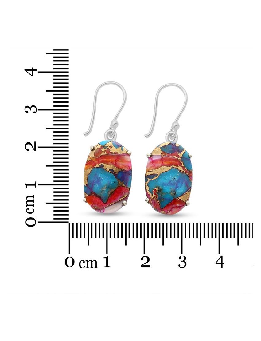 Pink Oyster Turquoise Oval Drop Earrings in 925 Sterling Silver - Handmade 