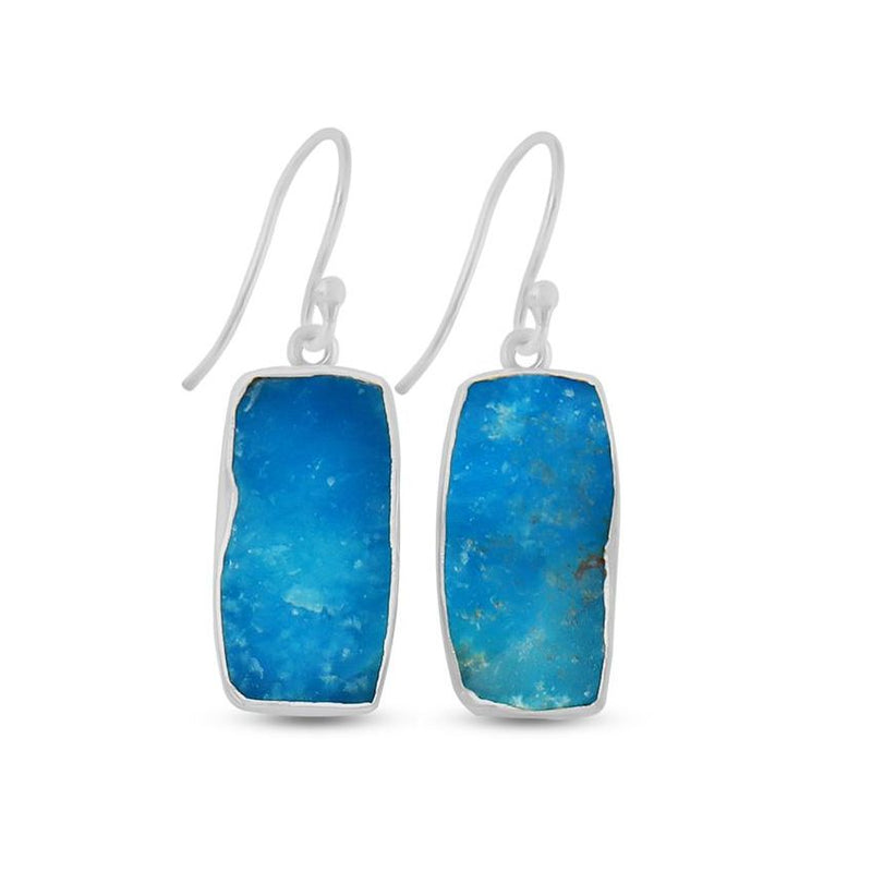 Blue smithsonite druzy rectangle earrings in sterling silver bezels on hooks