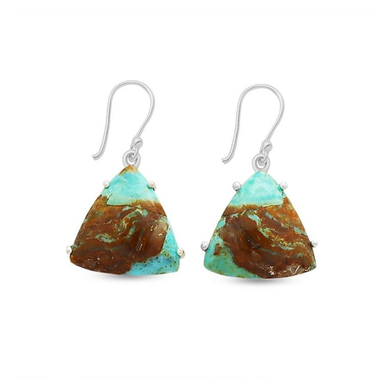Mint green and brown chrysoprase trillion earrings in sterling silver prongs on hooks