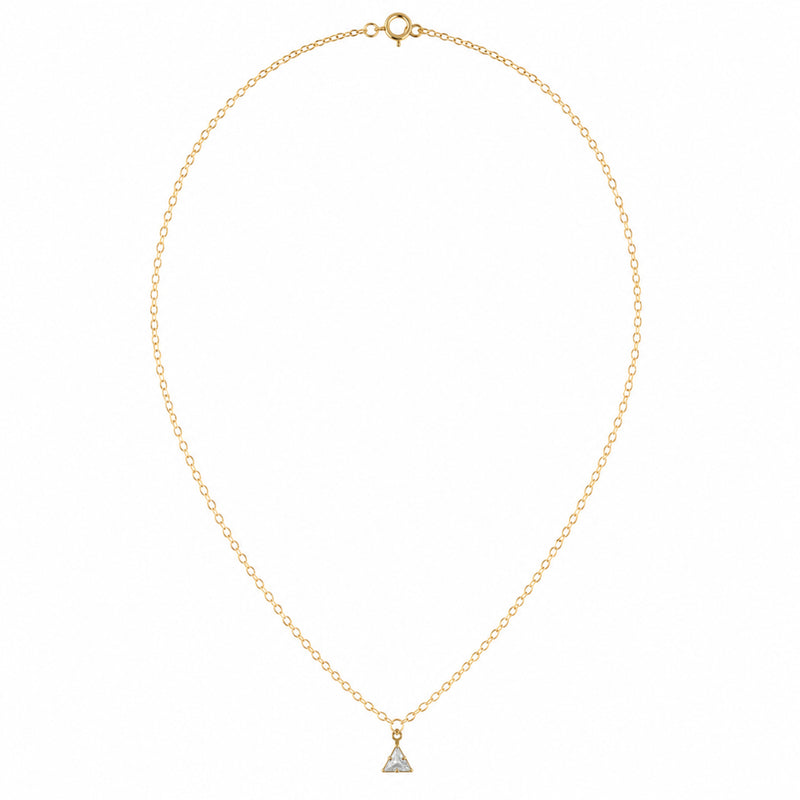 Dainty triangle CZ gold-filled pendant necklace on white background, full product view