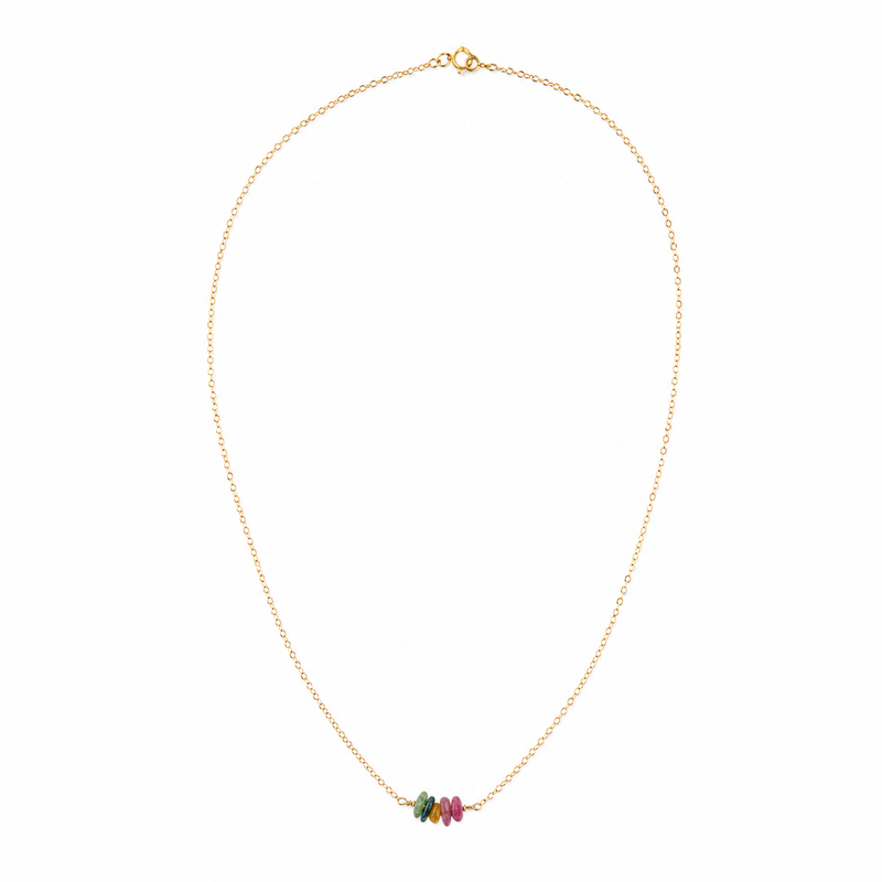 Rainbow tourmaline chip necklace on gold-filled chain