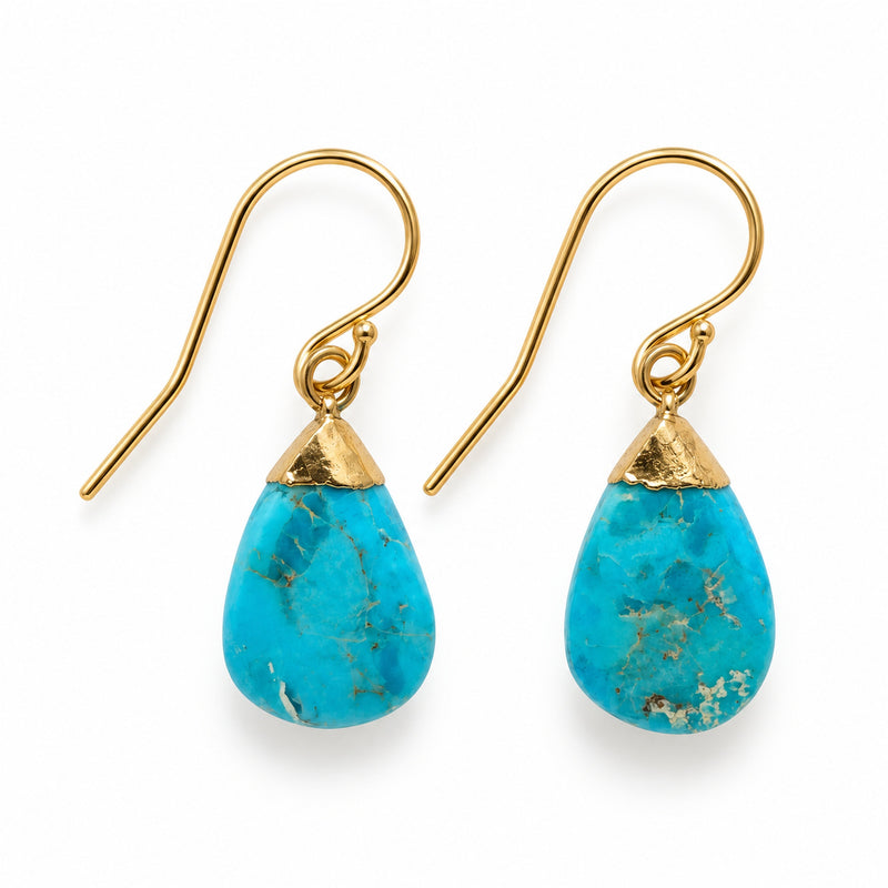Turquoise nugget earrings with electroplated gold cap and gold-filled ear wire, front product view.