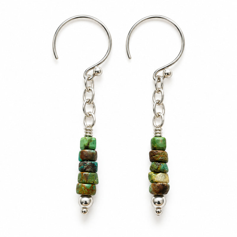 Turquoise heishi gemstone drop earrings on sterling silver chain, front product view