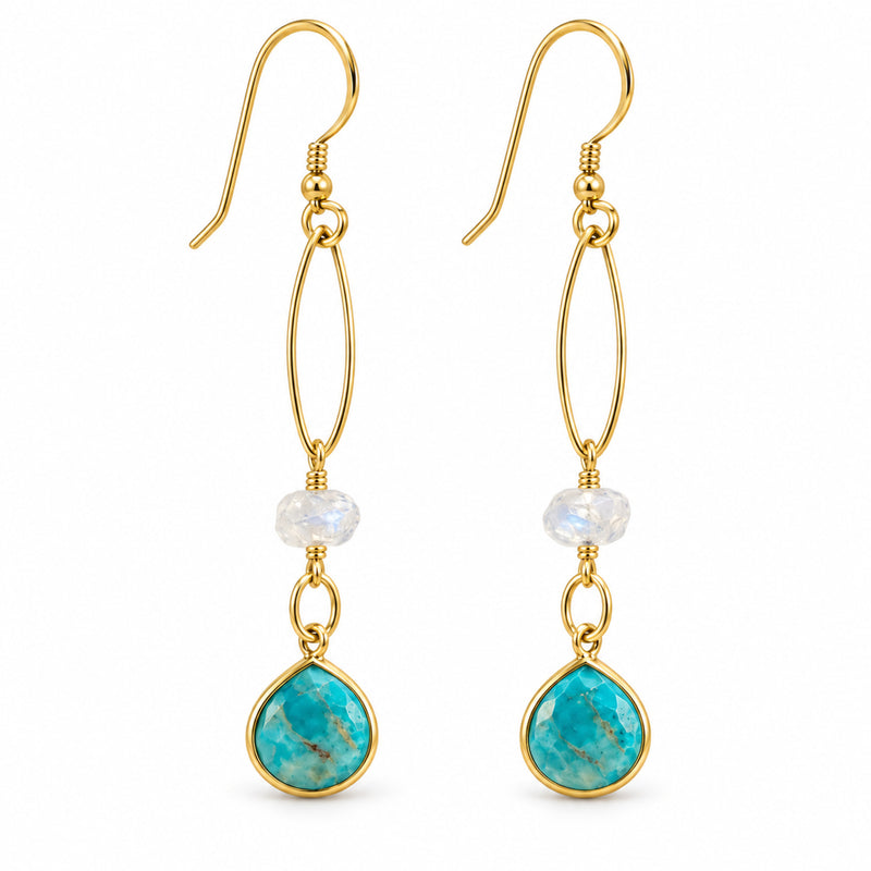 Turquoise and moonstone gold-filled marquise dangle earrings on a white background, front product view