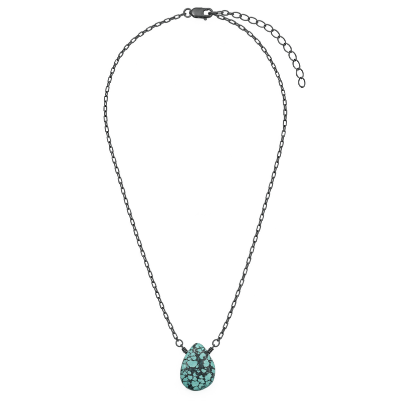Spiderweb turquoise teardrop necklace on oxidized sterling silver chain