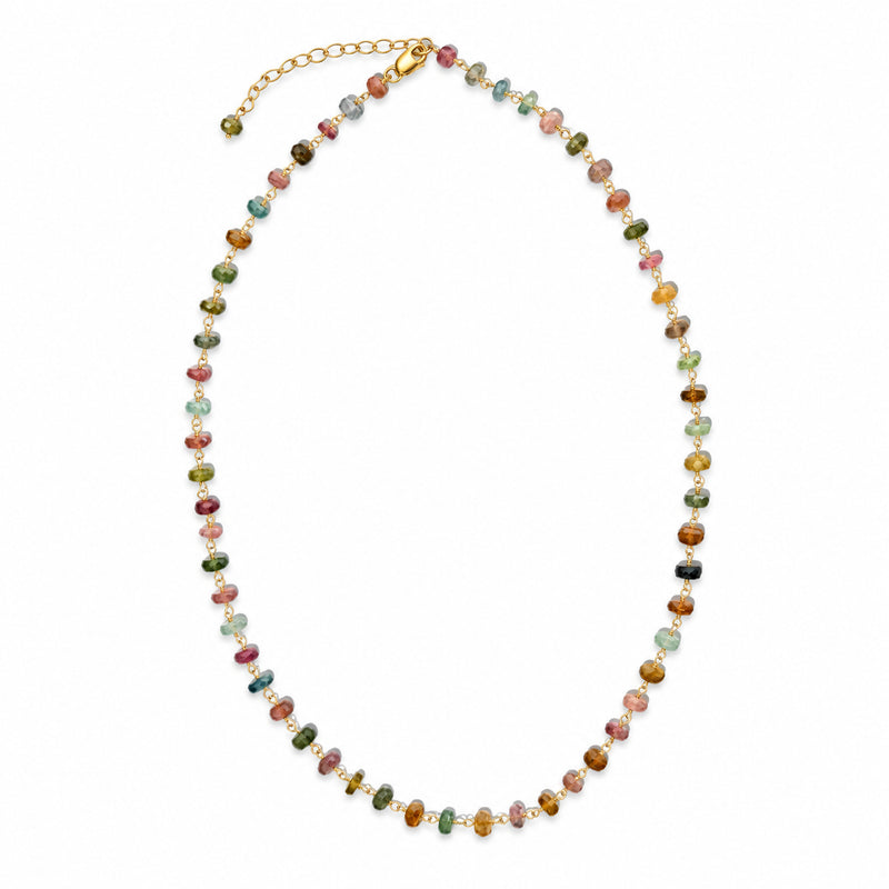 Watermelon tourmaline gold vermeil rosary necklace, full front view